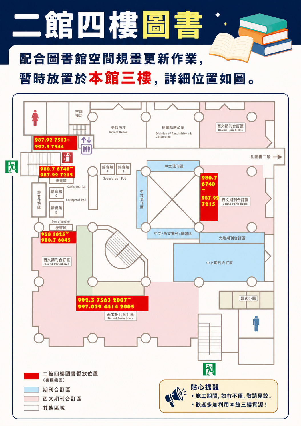 二館四樓圖書移架位置圖